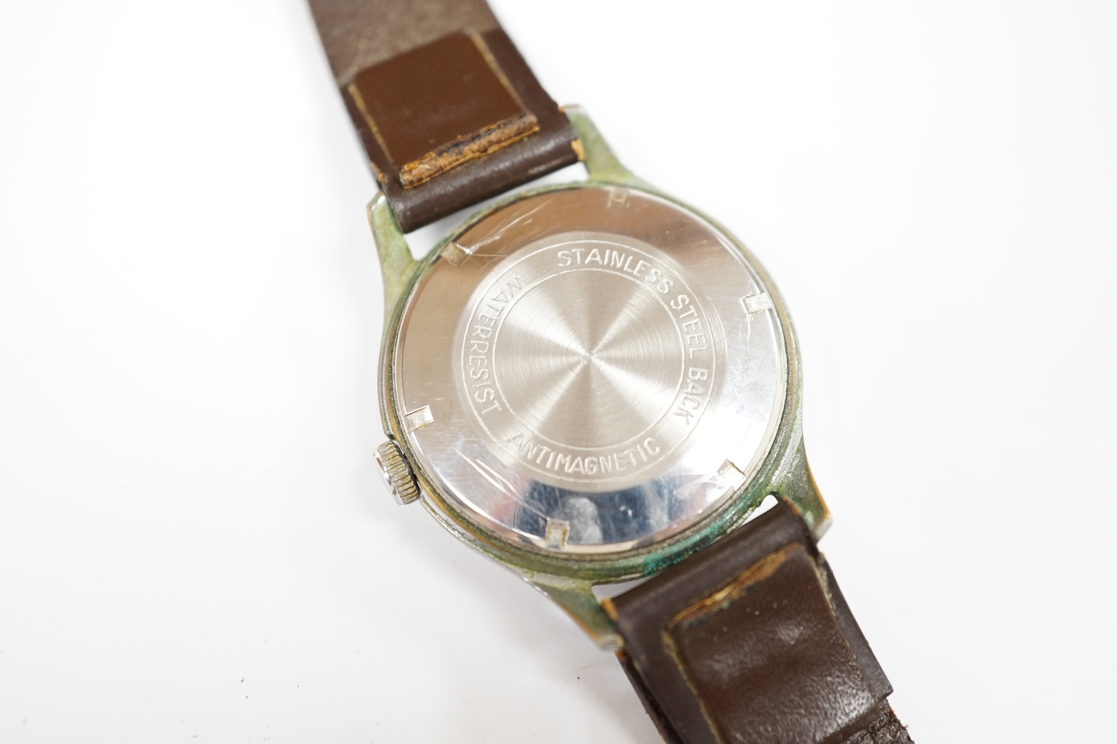 A gentleman's early 1940's stainless steel Omega manual wind wrist watch, with Arabic dial, movement c.30 T2, case diameter 35mm, on a later associated leather strap. Condition - poor to fair